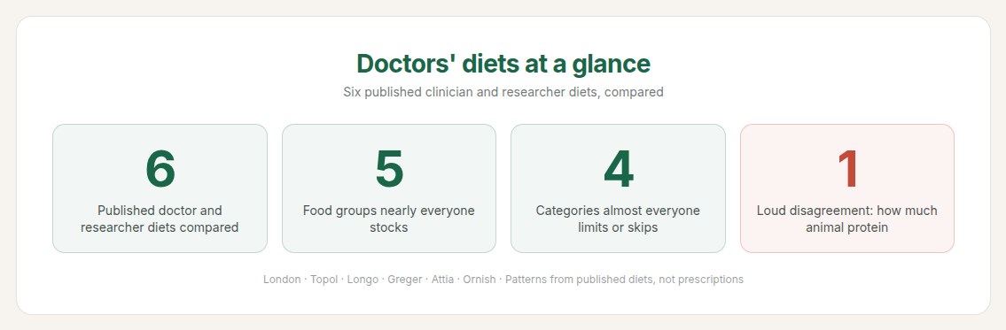 At a glance: 6 published doctor diets compared, 5 food groups nearly everyone stocks, 4 categories almost everyone limits, and 1 loud disagreement on animal protein